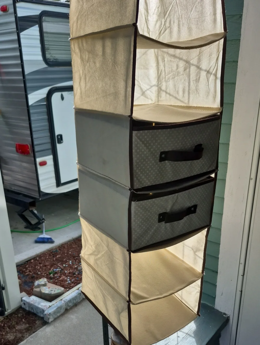 Hanging Fabric Closet Organizer with Beige and Gray Storage Drawers